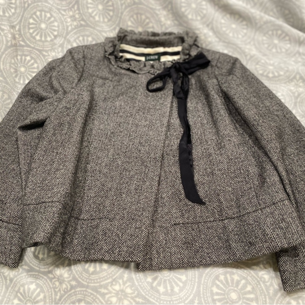 J. Crew Wool Gray Herringbone Jacket with Black Accent